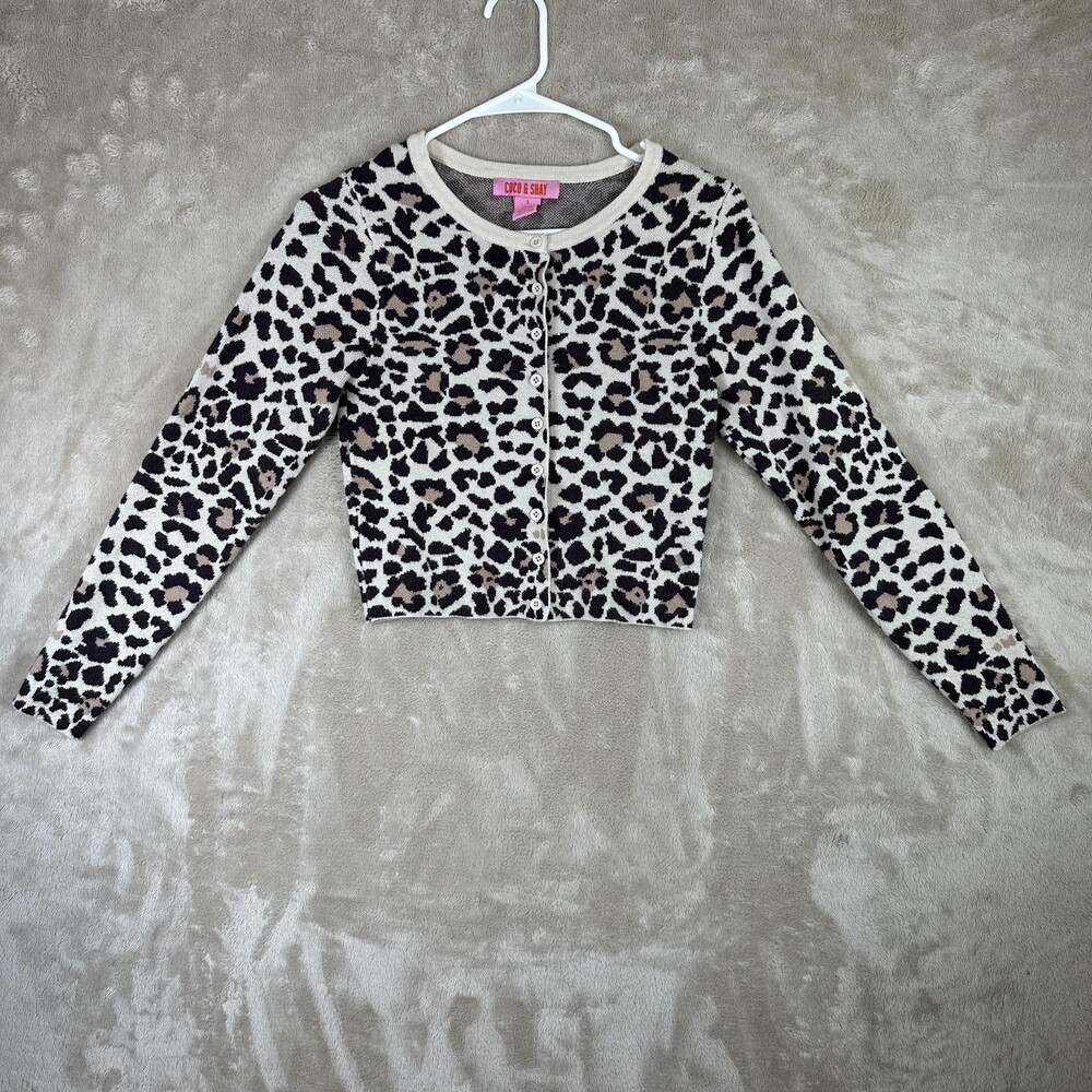 Coco & Shay Sweater Cardigan Womens Small Brown Leopard Print Cropped Knit